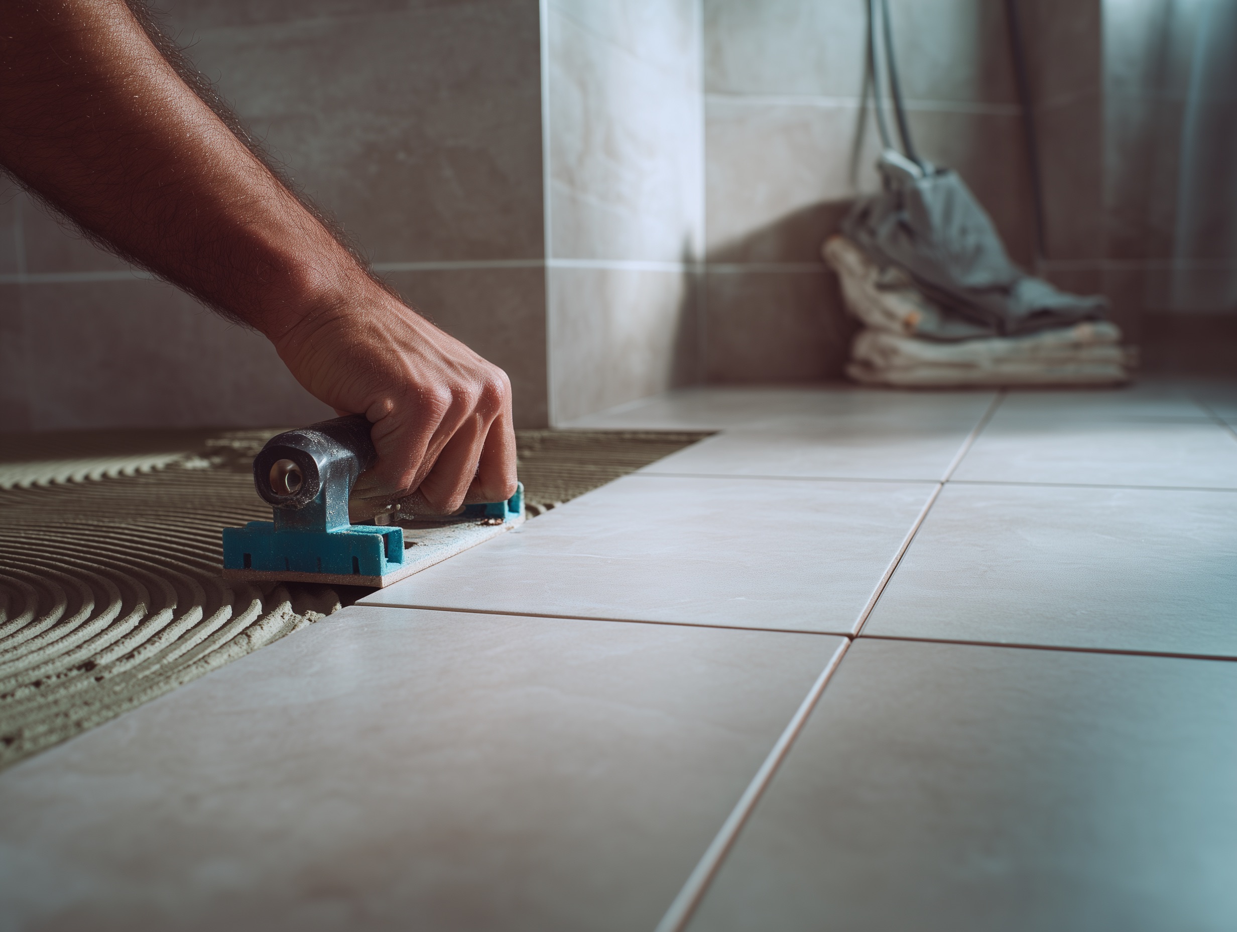 Nahaufnahme: Fliesen werden im Dünnbett mit Zahnkelle verlegt – präzise Fliesenverlegung in Lübeck.