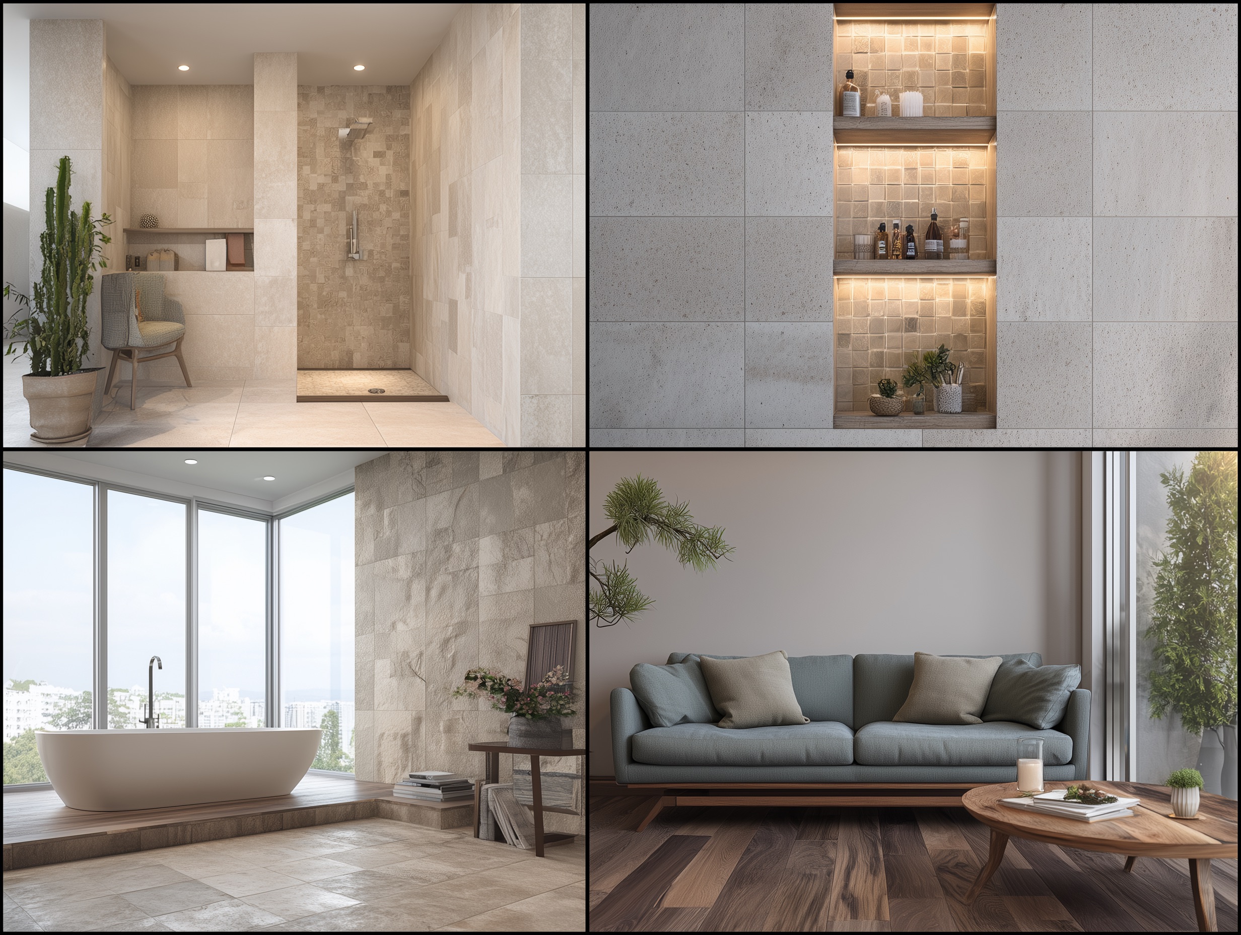 Fliesen-Referenzen: begehbare Dusche, beleuchtete Mosaiknischen, Bad mit Wanne und Wohnraum in Holzoptik – Fliesenleger Lübeck.