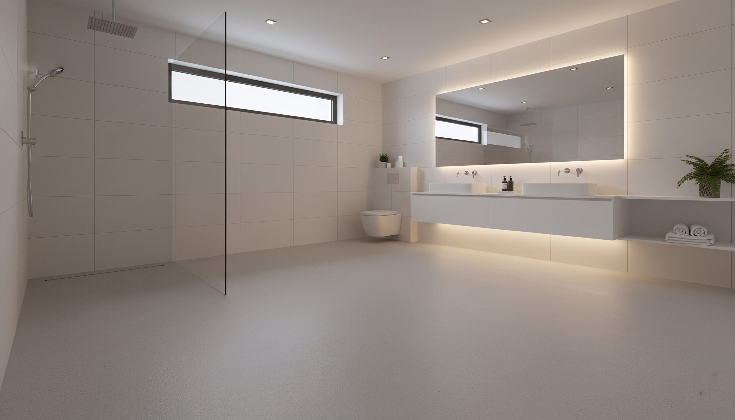 Ein modernes, minimalistisches Badezimmer mit begehbarer Dusche, Doppelwaschbecken, großem beleuchtetem Spiegel und hellgrauem Estrichboden.