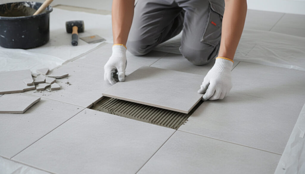 Reparaturarbeiten an einer zerbrochenen Fliese