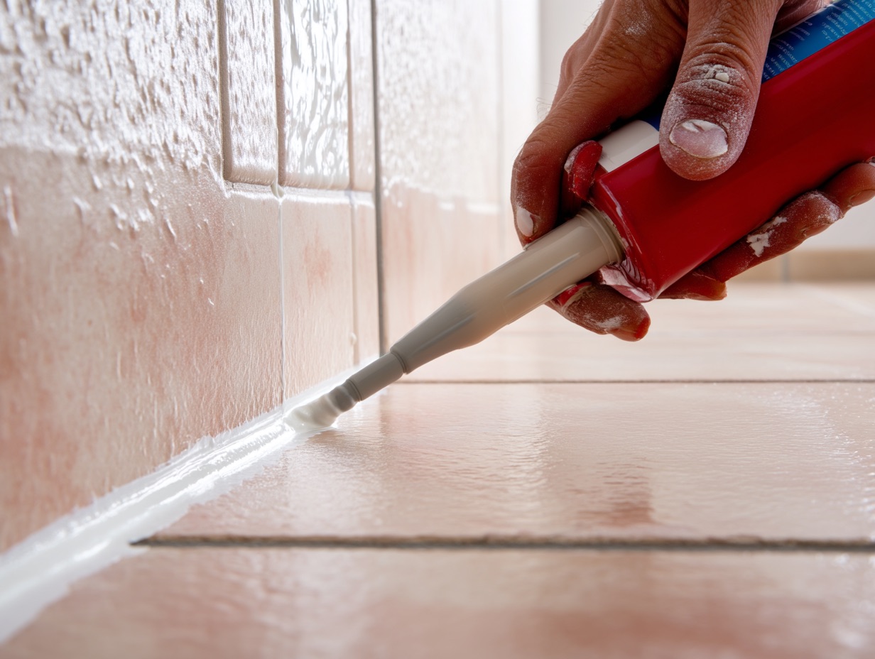 Handwerker trägt mit einer Kartuschenpistole frisches Silikon entlang der Wandfliesen auf – präzise Fugenarbeit für saubere und dauerhafte Abdichtung im Bad.