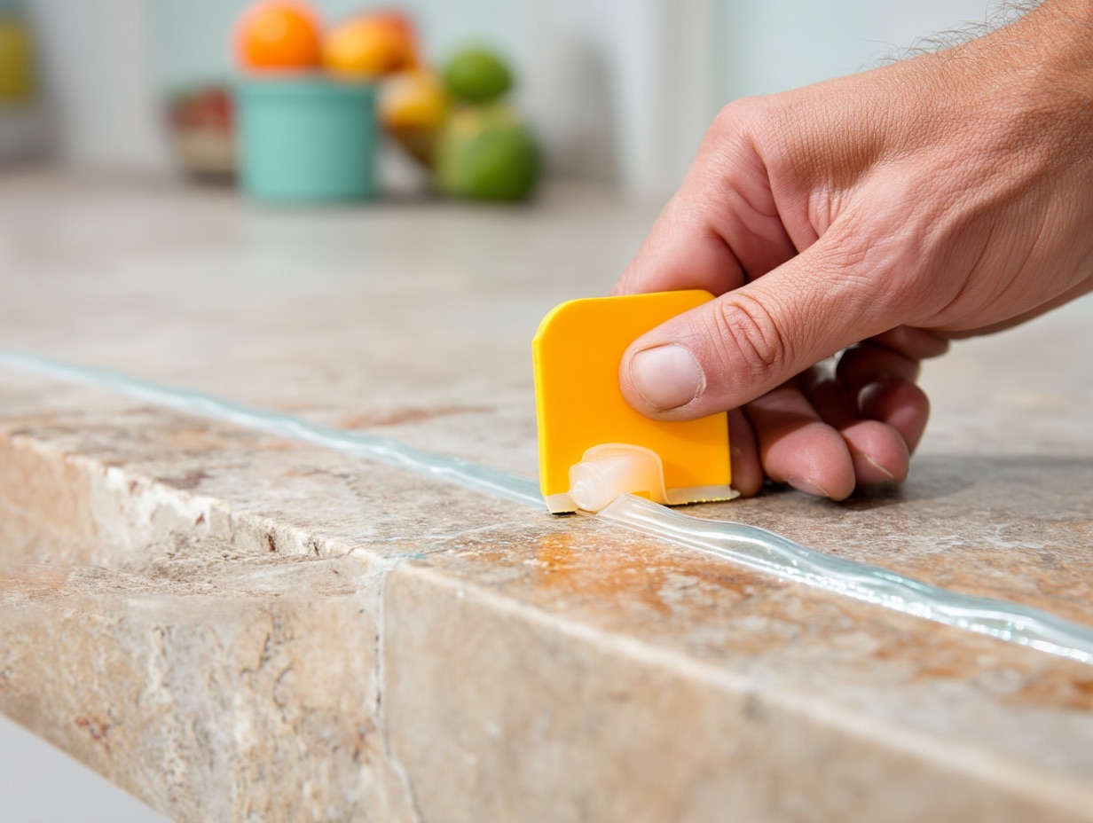 Hand glättet mit einem gelben Werkzeug eine transparente Silikonfuge auf einer Natursteinplatte – saubere Ausführung bei Küchen- oder Badanschlüssen.