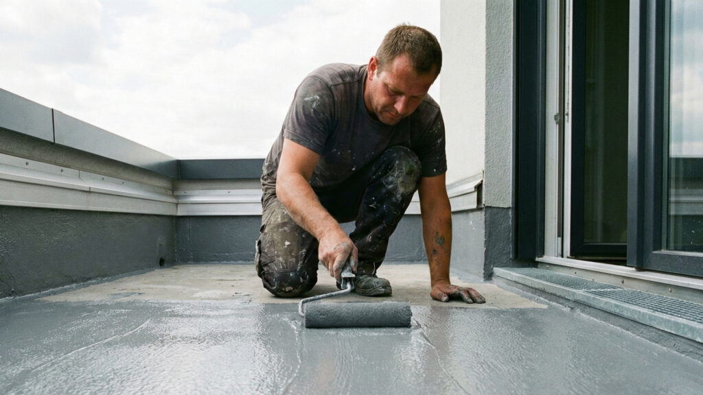 Ein Handwerker kniet auf einem Balkon oder Flachdach und trägt eine graue Flüssigabdichtung mit einer Farbrolle auf den Boden auf.