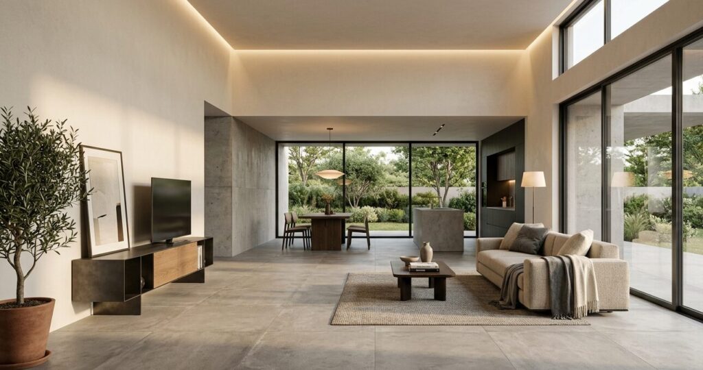 Ein modernes, offenes Wohnzimmer mit großen Fenstern, die einen üppigen Garten zeigen, einem beigen Sofa, einem Esstisch und einer minimalistischen Einrichtung.