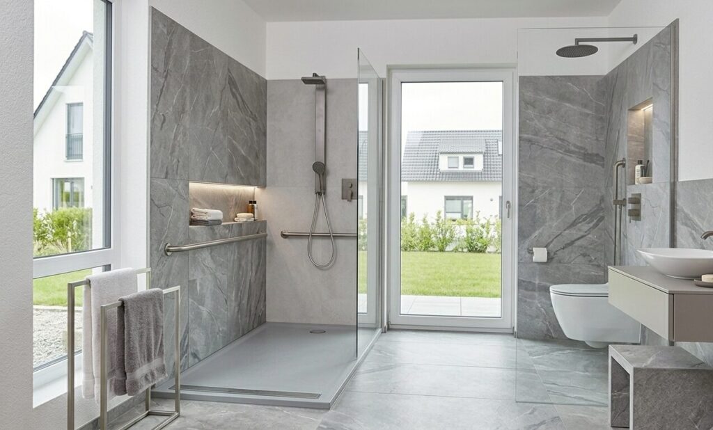 Modernes barrierefreies Badezimmer mit grauen Marmorfliesen, ebenerdiger Dusche, WC, Waschtisch und Fenster zum Garten.