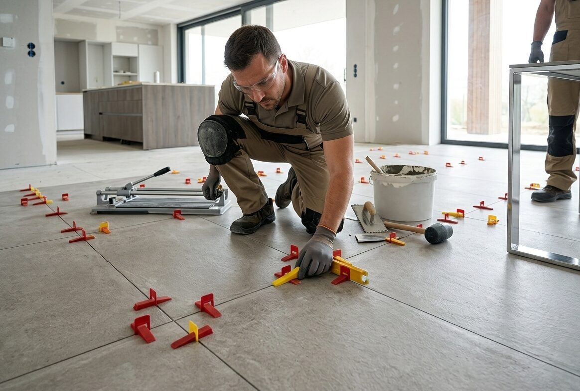 Ein Handwerker kniet auf dem Boden und verlegt Fliesen in einem Rohbau, wobei er ein Nivelliersystem verwendet, um eine ebene Oberfläche zu gewährleisten. Fliesenleger Lübeck
