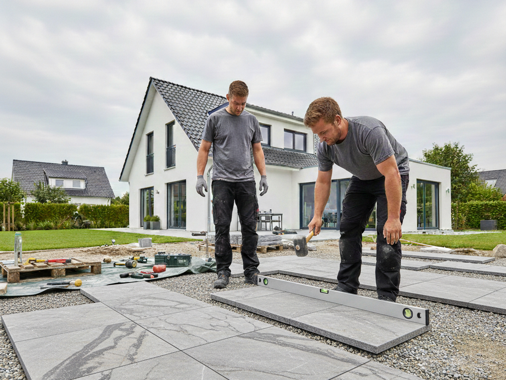 Zwei Männer beim Terrasse fliesen mit Marmoroptik vor einem modernen weißen Haus, wobei einer eine Wasserwaage und einen Gummihammer benutzt.