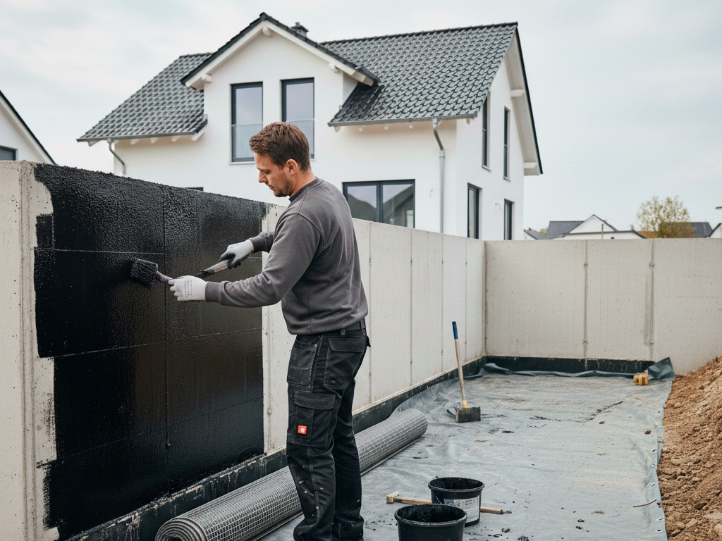 Ein Mann streicht eine Betonwand schwarz an, um das Fundament eines Hauses abzudichten mit einer Abdichtung.