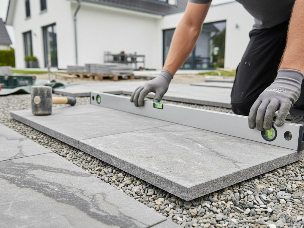 Eine Person in Arbeitshandschuhen prüft mit einer Wasserwaage die Ausrichtung einer grauen Terrassenplatte beim Terrasse sanieren.