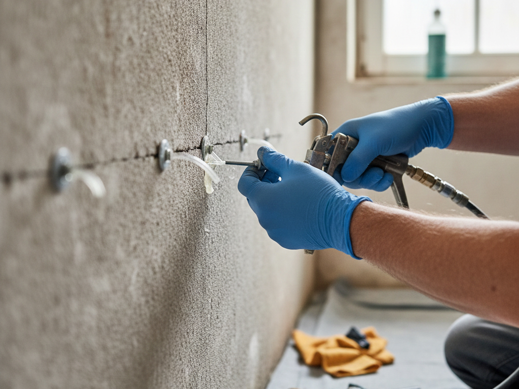 Eine Person in blauen Handschuhen injiziert mit einer speziellen Pistole Material in eine Wand, die mit mehreren Injektionspunkten versehen ist.