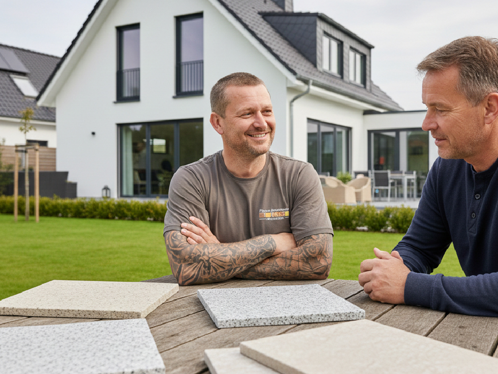 Zwei Männer sitzen im Garten an einem Holztisch und begutachten verschiedene Muster von Terrassenplatten vor einem modernen Haus.
