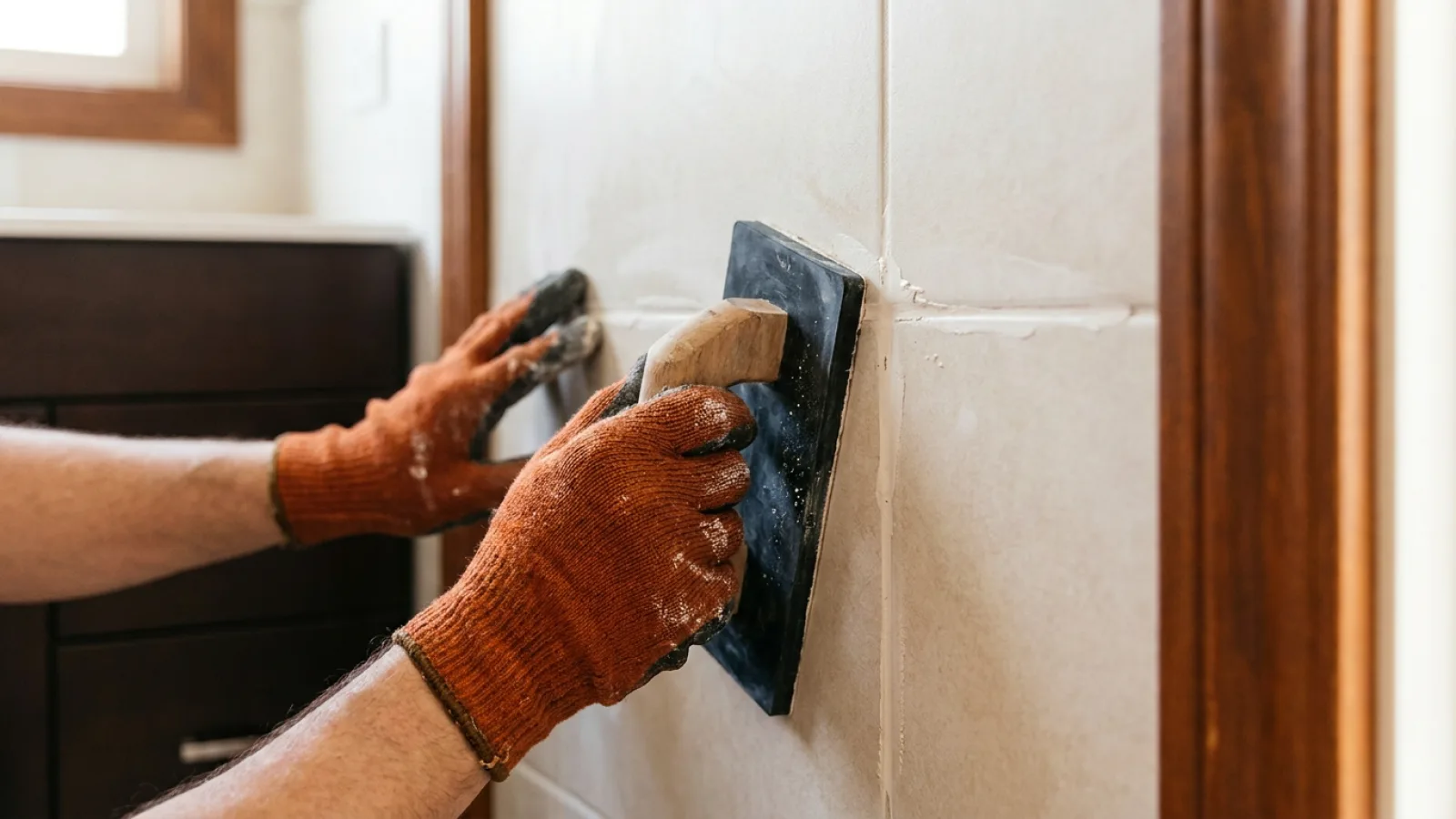 Nahaufnahme einer Person, die mit orangefarbenen Handschuhen Fliesen an einer Wand verfugt.