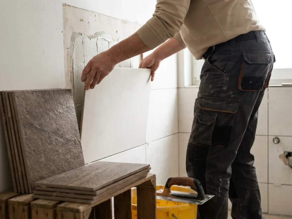 Ein Handwerker verlegt Fliesen an einer Wand, daneben liegen weitere Fliesen bereit.