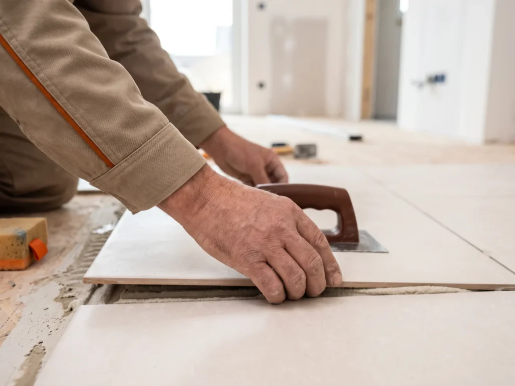 Handwerker verlegt helle Bodenfliesen für ein langlebiges Ergebnis im Innenbereich.