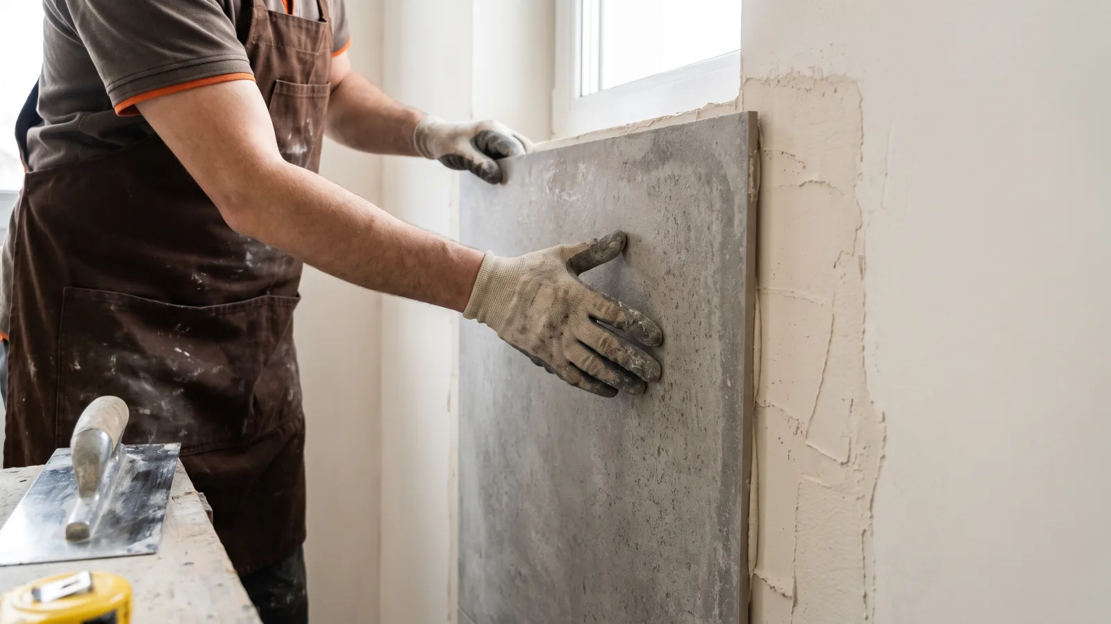 Handwerker verlegt moderne graue Fliesen an der Wand für Bad neu Fliesen Ideen.