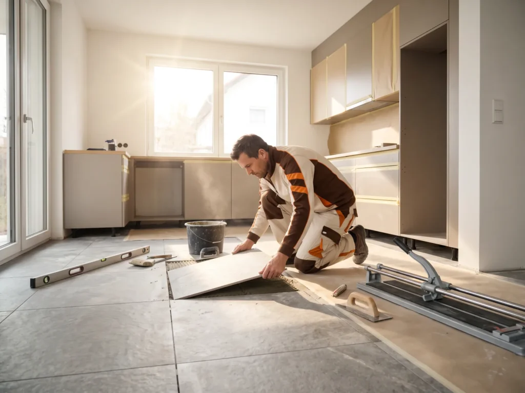 Ein professioneller Handwerker verlegt moderne Küchenboden Fliesen in einem Neubau.