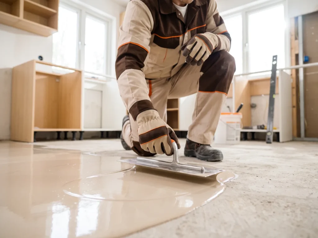 Handwerker trägt in einer modernen Küche Ausgleichsmasse auf den Boden auf, um Küchenboden Fliesen vorzubereiten.