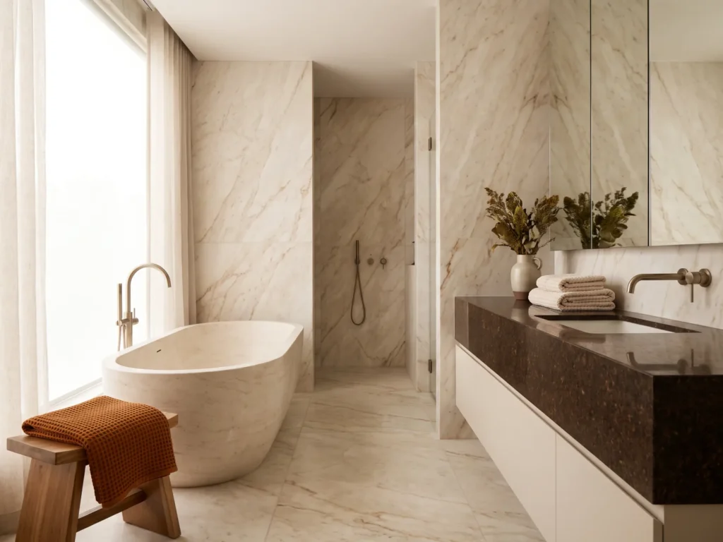 Modernes Naturstein Badezimmer mit freistehender Badewanne, Marmorwänden und einem dunklen Waschtisch.