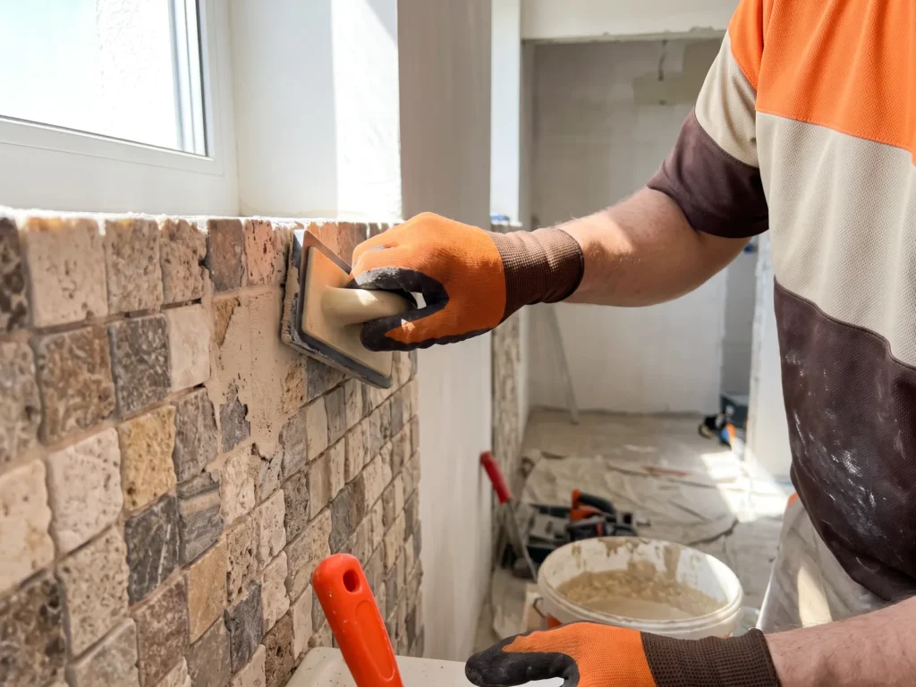 Handwerker verlegt Natursteinmosaikfliesen an einer Wand im Badezimmer während der Renovierung.