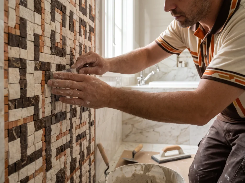 Ein Fliesenleger montiert detailreich Natursteinfliesen als Mosaik an einer Badezimmerwand.