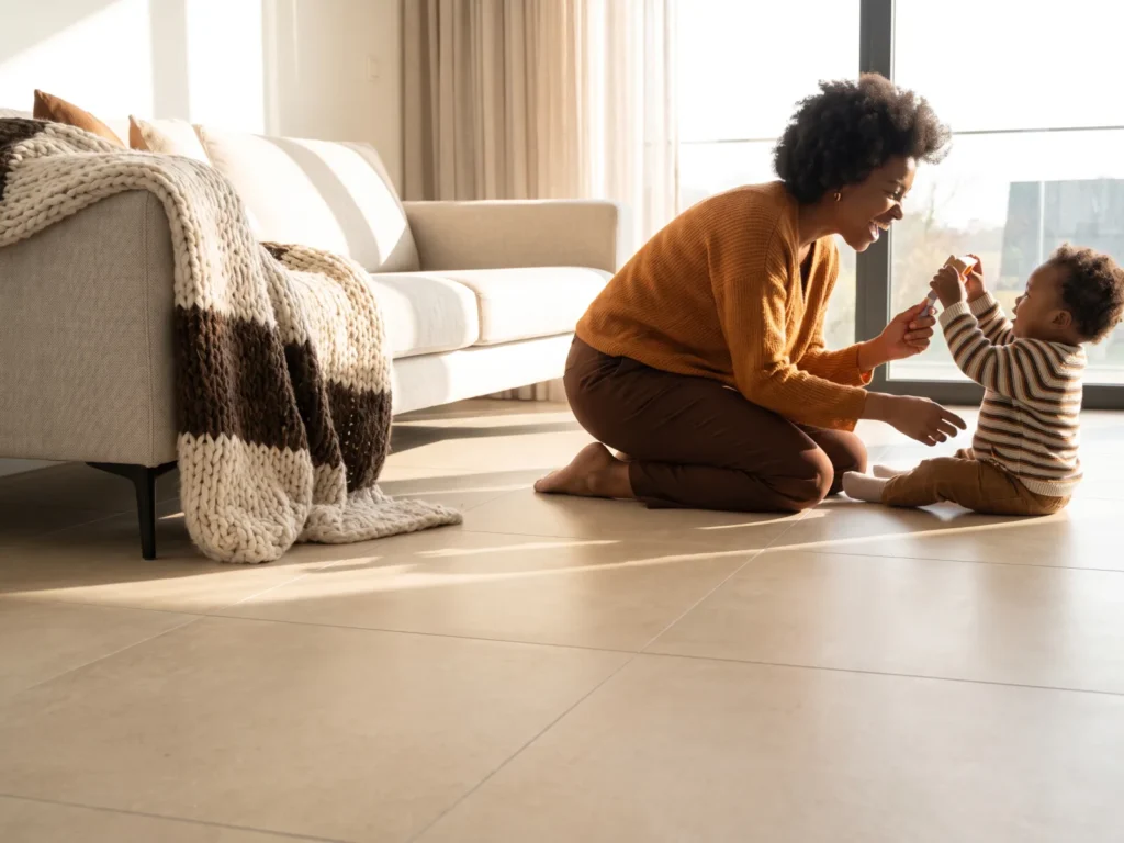 Eine lächelnde Frau spielt mit ihrem Baby auf einem hellen, modernen Fliesenboden im Wohnzimmer.