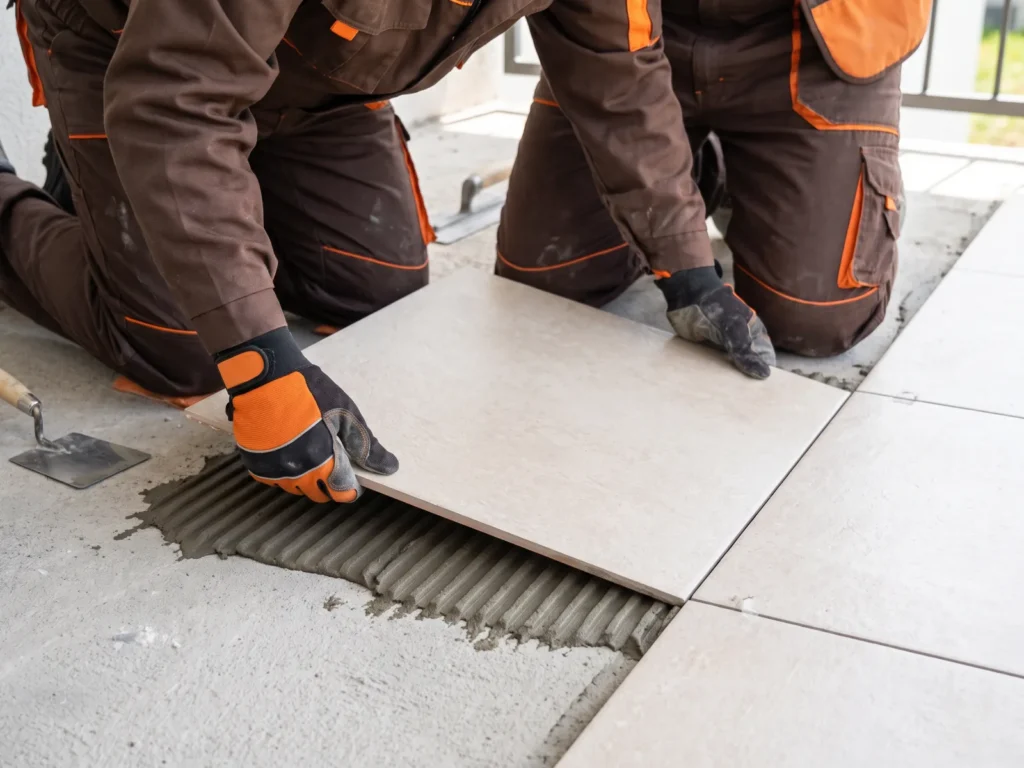 Fliesen für Balkone: Zwei Handwerker verlegen beige Fliesen professionell auf einem Balkon im Außenbereich.