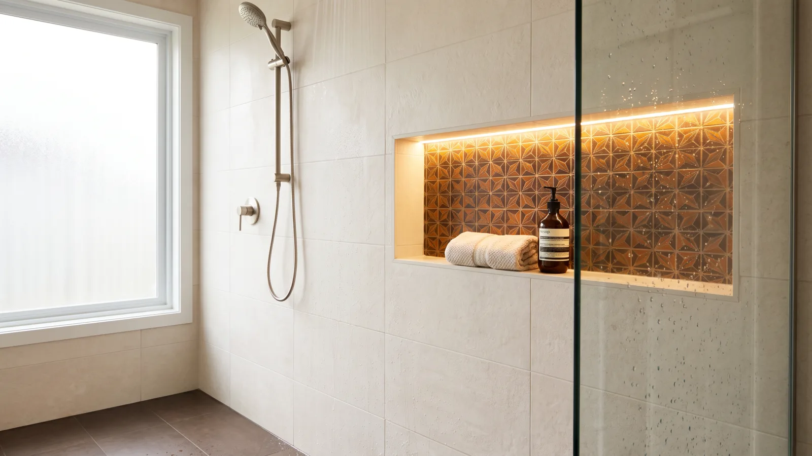 Fliesen für die Dusche: modernes Badezimmer mit stilvollen Fliesen in der Dusche und beleuchteter Nische