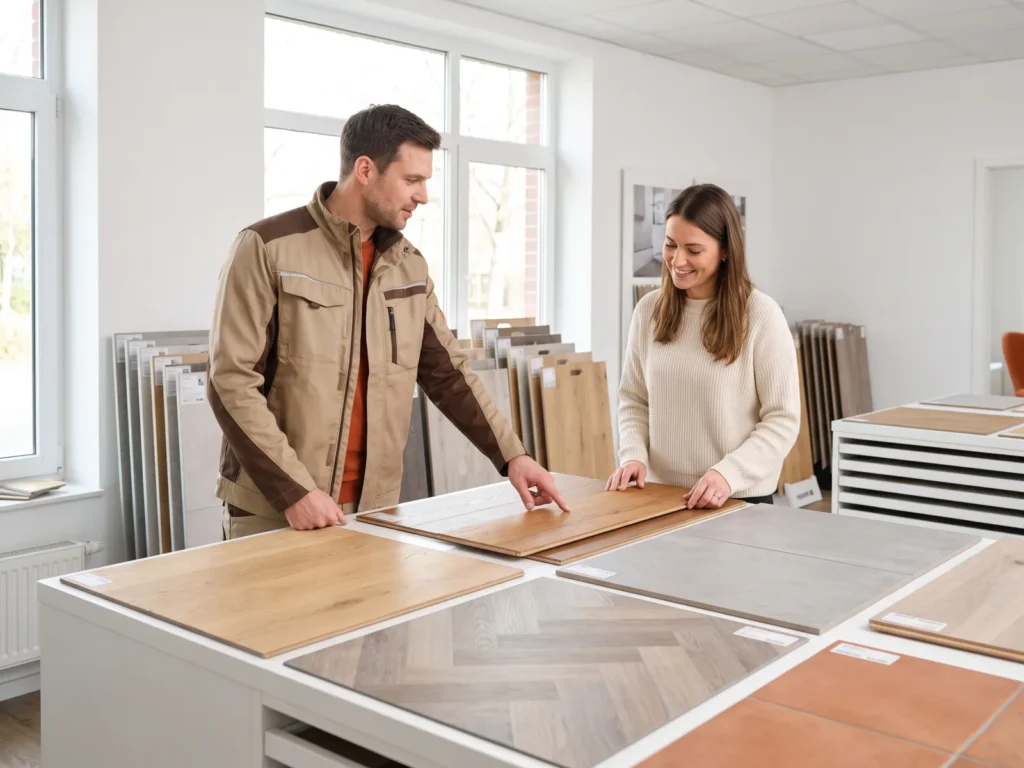 Zwei Personen, ein Berater und eine Kundin, betrachten in einem Showroom verschiedene Bodenbelagsmuster.