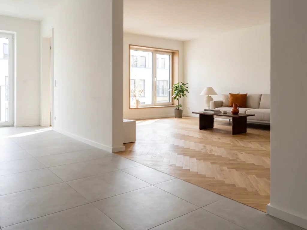 Modernes Wohnzimmer mit zwei verschiedenen Bodenbelägen: helle Fliesen und warmes Fischgrätparkett.